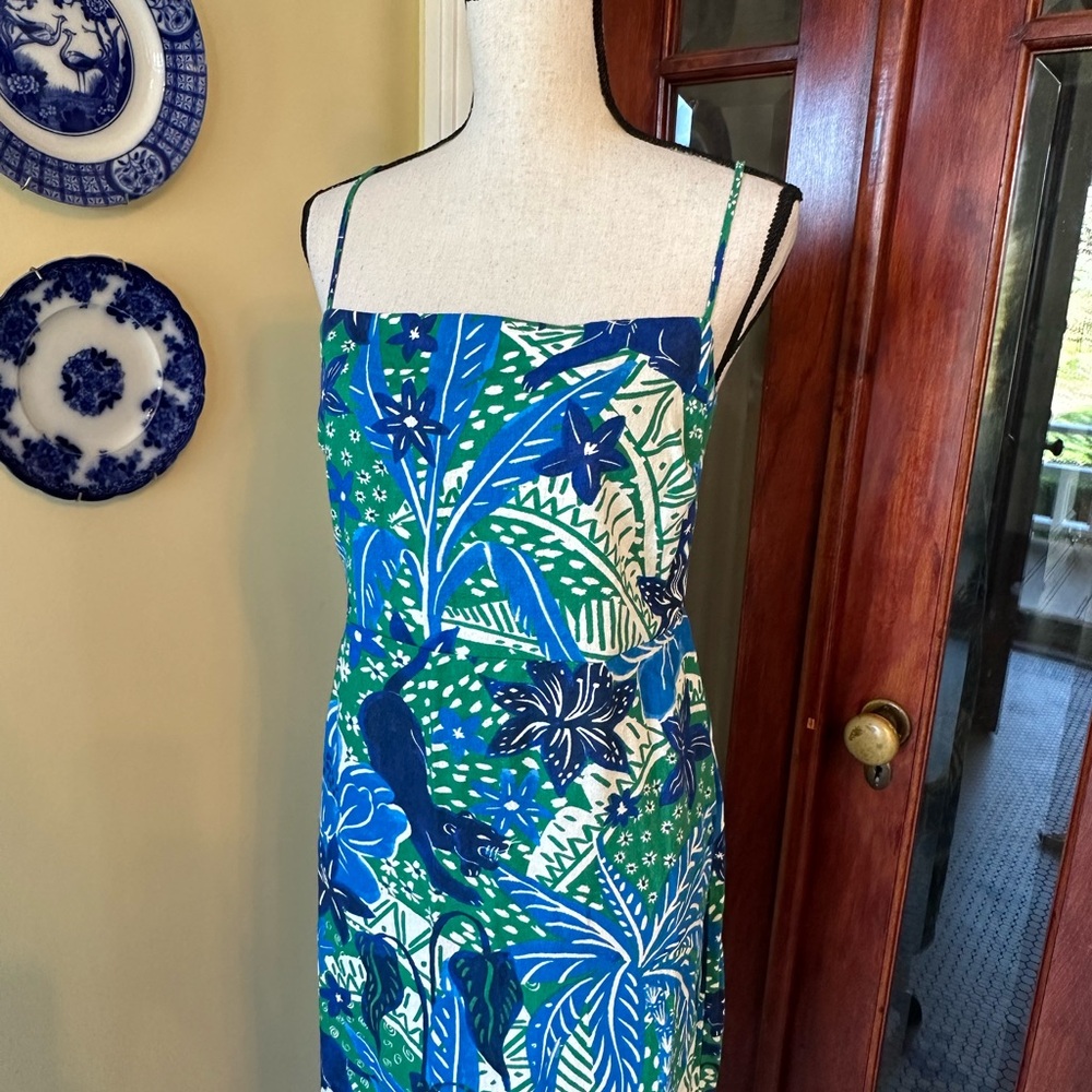 Rachel Zoe | Panther Tropical Linen Blend Midi Dress in Blue & Green, Size XL - Picture 4 of 11